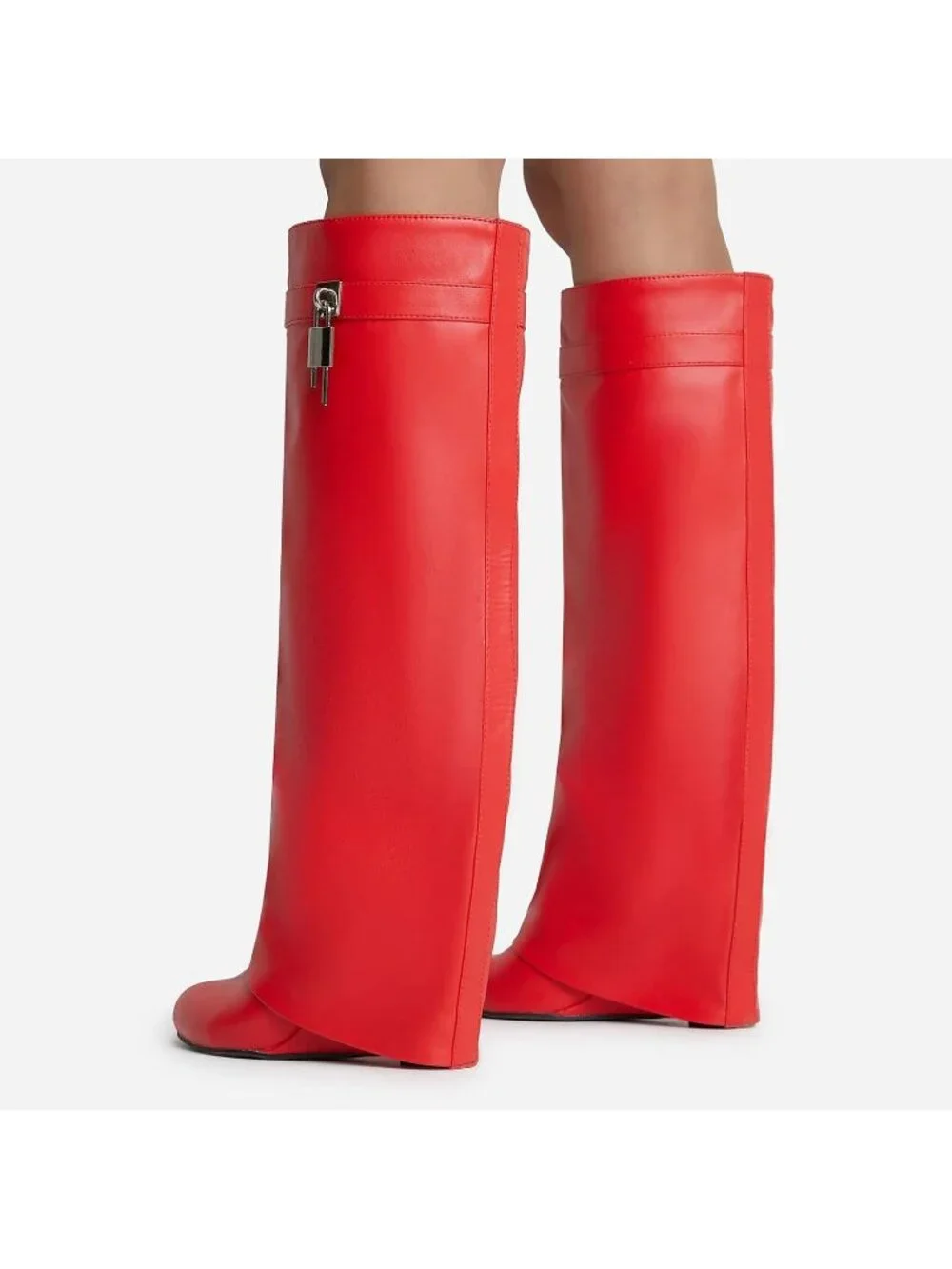 Women's Red Fold Over Wide Calf Wedge Heel Knee High With Decorative Lock Boot
